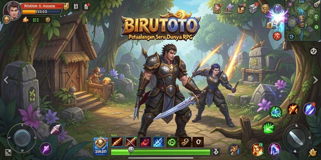Gameplay BIRUTOTO menampilkan petualangan dan pertarungan seru di dunia fantastis.