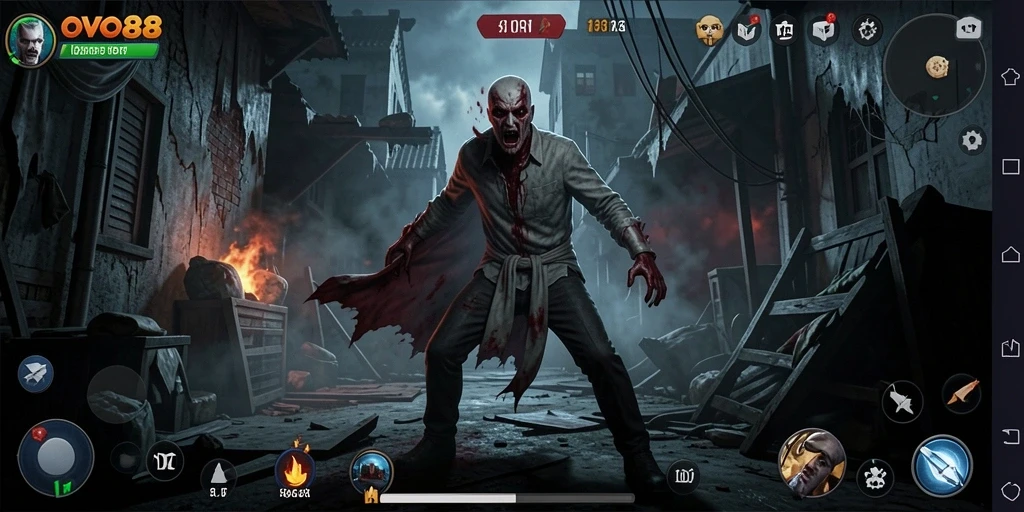 Tangkapan layar gameplay OVO88 yang menegangkan dengan atmosfer horor yang gelap.